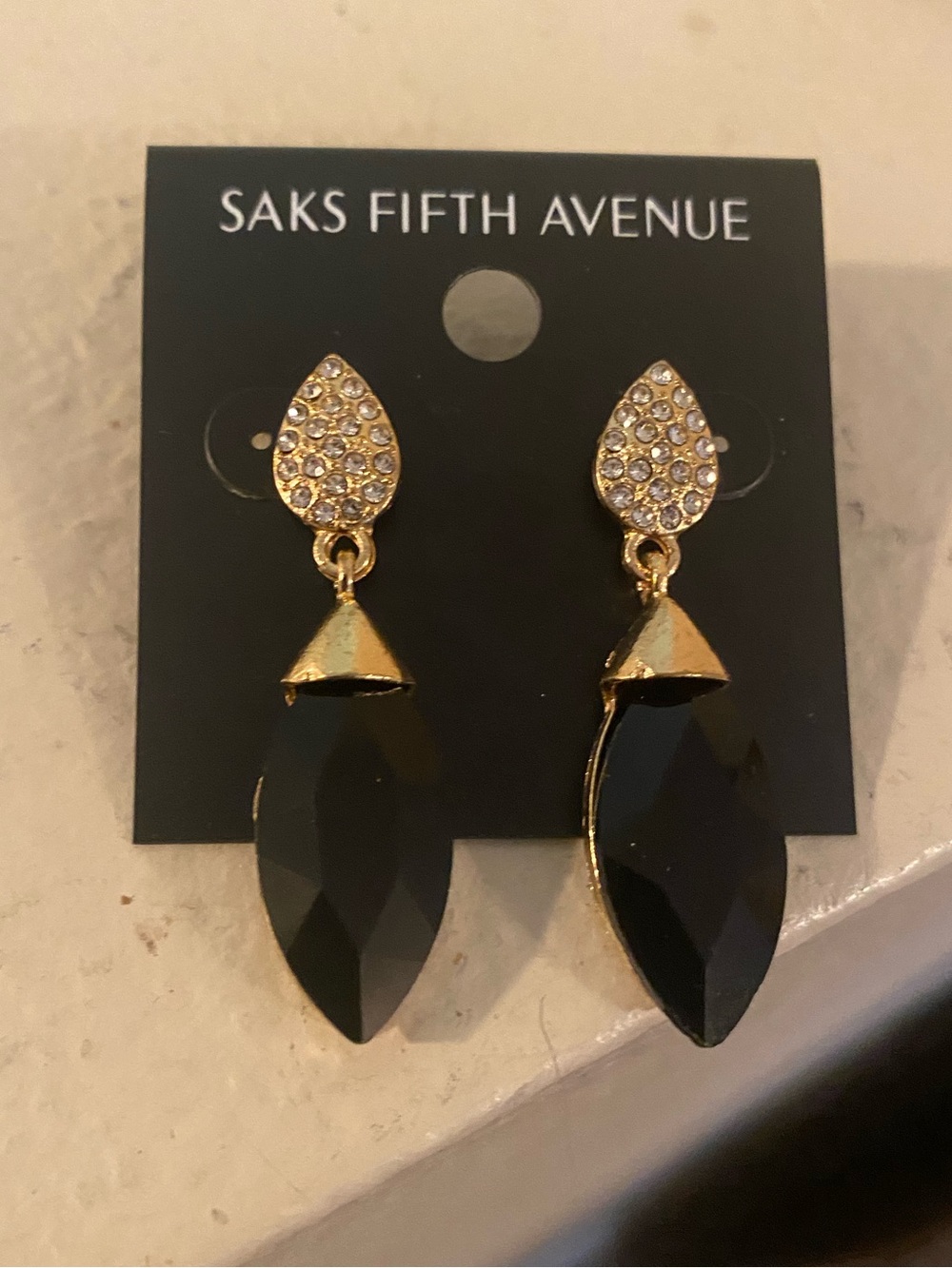 Saks Fifth Avenue Black Teardrop  Dangle Earrings. Gold Accent Rhinestone